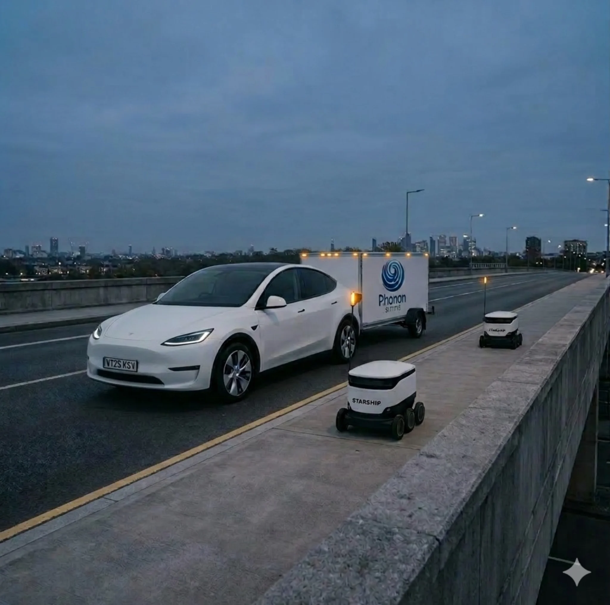 Vehicle and robots operating together on a bridge